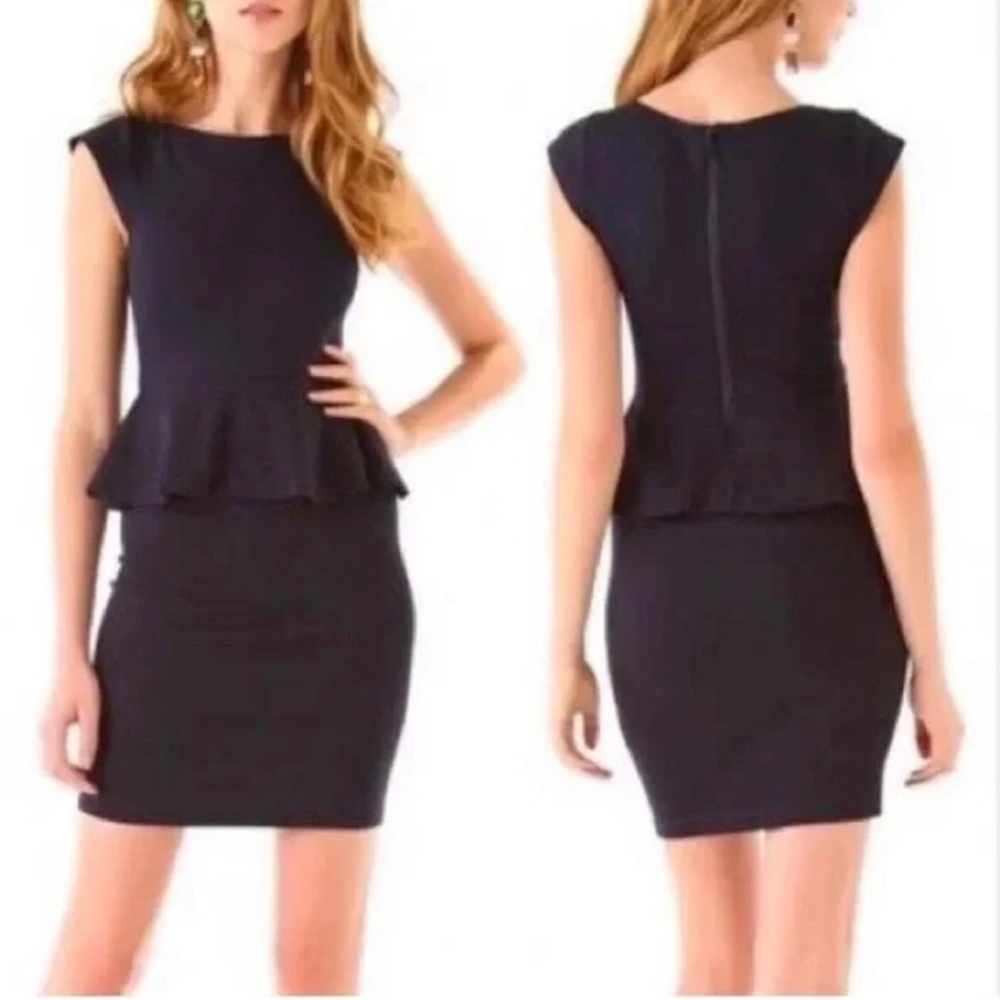 Alice + Olivia Employed Victoria Dress in Black Leather Sleeves Peplum Waist 4